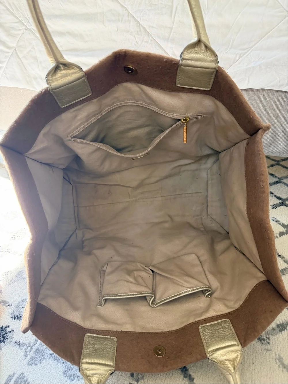 TORY BURCH Ella Brown Wool & Gold Canvas Tote Bag